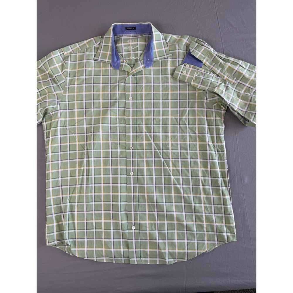 Bugatchi Uomo Shirt Mens XL Classic Fit Green Plaid Long Sleeve Flip Cuffs‎